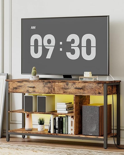 IRONCK TV Stand LED Lights, Entertainment Center with Power Outlet for 55 Inch TV, Industrial TV Console with Media Storage Shelf and 2 Large Drawers,for Bedroom/Living Room, Vintage Brown - LeafyLoom