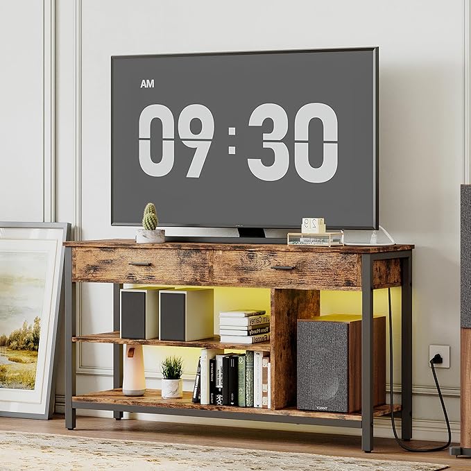 IRONCK TV Stand LED Lights, Entertainment Center with Power Outlet for 55 Inch TV, Industrial TV Console with Media Storage Shelf and 2 Large Drawers,for Bedroom/Living Room, Vintage Brown - LeafyLoom