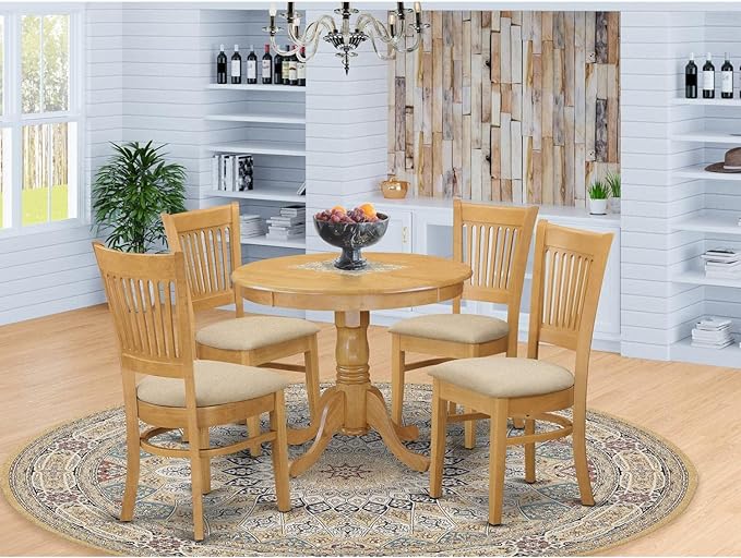 East West Furniture ANVA5-OAK-C 5 Piece Dining Room Furniture Set Includes a Round Dining Table with Pedestal and 4 Linen Fabric Upholstered Chairs, 36x36 Inch, Oak - LeafyLoom