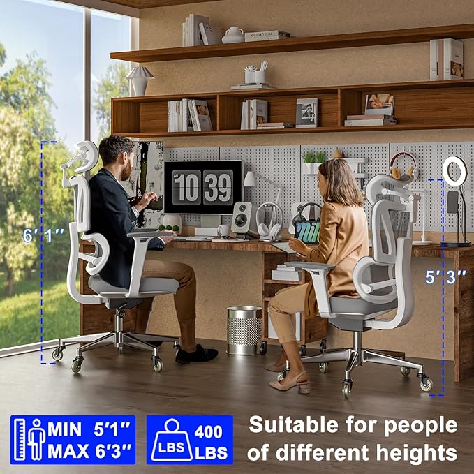 C19 Ergonomic Mesh Office Chair with Adjustable Height Lumbar Support，3D Armrest & Headrest，Tilt Function，Blade Wheel for High Back Desk Chair，Swivel Big and Tall Computer Chair (White) - LeafyLoom