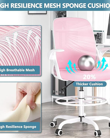 Drafting Chair Tall Office Chair for Standing Desk Adjustable Tall Desk Chair with Footrest Ring and Lumbar Support Ergonomic Computer Chair with Flip-up Armrests (Pink) - LeafyLoom