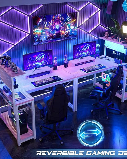 Homieasy Small Gaming Desk with Power Outlets Pegboard LED Light, 43 Inch L Shaped Computer Desk with Monitor Stand Storage Shelves, Reversible Corner Desk with Headset Hooks, Carbon Pink - LeafyLoom
