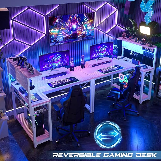 Homieasy Small Gaming Desk with Power Outlets Pegboard LED Light, 43 Inch L Shaped Computer Desk with Monitor Stand Storage Shelves, Reversible Corner Desk with Headset Hooks, Carbon Pink - LeafyLoom