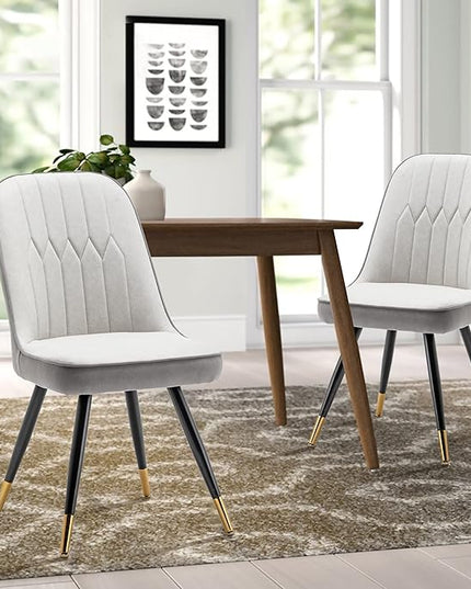 Alunaune Modern Dining Chairs Set of 2 Upholstered Kitchen Chairs Accent Chair, Mid Century Armless Leisure Chair Living Room Faux Leather Desk Side Chair with Gold Metal Legs-Ivory Grey - LeafyLoom