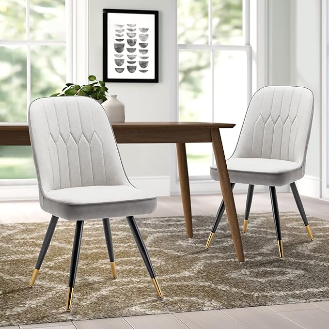Alunaune Modern Dining Chairs Set of 2 Upholstered Kitchen Chairs Accent Chair, Mid Century Armless Leisure Chair Living Room Faux Leather Desk Side Chair with Gold Metal Legs-Ivory Grey - LeafyLoom