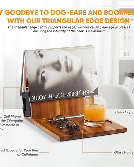 Triangle Book Holder, Book Rest, Acacia Foldable Book Nook Reading Valet, Triangle Book Stand with Cup, Pen, Glasses and Phone Holder for Bedroom, Nightstand or Office, Gifts for Book Lover - LeafyLoom