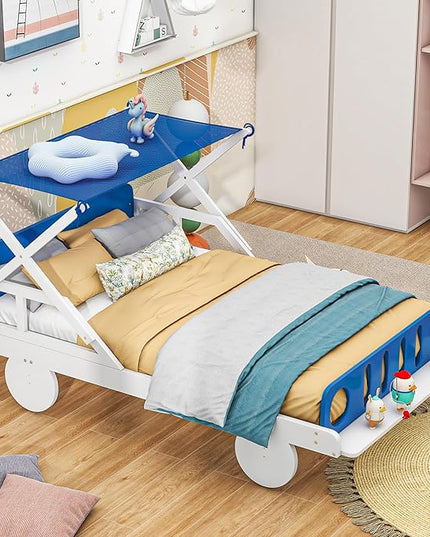 Wood Twin Size Car Bed with Ceiling Cloth, Headboard and Footboard, Car-Shaped Platform Bed W/Storage Shelves,Kids Twin-Bed-Frame for Boys,Girls,White+Blue - LeafyLoom