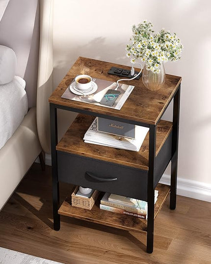 SUPERJARE Nightstand Set of 2, Bed Side Tables with Charging Station, Adjustable Fabric Drawer, Night Stand for Bedroom, 3-Tier Storage End Tables, for Living Room, Rustic Brown and Black - LeafyLoom