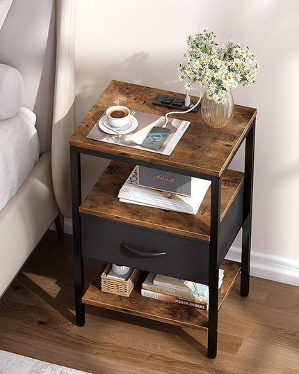 SUPERJARE Nightstand with Charging Station, Bed Side Table with Adjustable Fabric Drawer, Night Stand for Bedroom, 3-Tier Storage End Table, for Living Room, Rustic Brown and Black - LeafyLoom