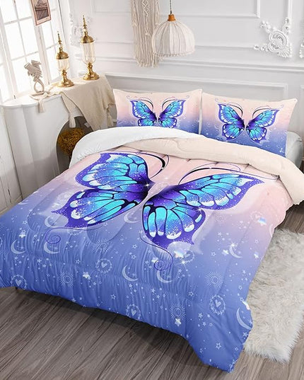 Datura home Bedding Comforter Set Pink Purple Butterfly Printed Pattern Quilt with 1 and 2 Pillowcases for Girls Bedroom All Season(Butterfly Queen) Queen 90x90inches - LeafyLoom