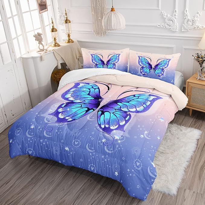 Datura home Bedding Comforter Set Pink Purple Butterfly Printed Pattern Quilt with 1 and 2 Pillowcases for Girls Bedroom All Season(Butterfly Queen) Queen 90x90inches - LeafyLoom