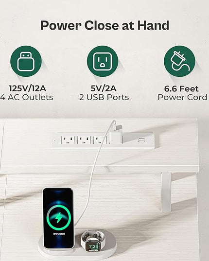 63 Inch Computer Desk with Power Outlets and LED Lights, Gaming Desk with 4 Drawers, Office Desk with Monitor Stand, Study Desk Work Desk for Home Office, White - LeafyLoom