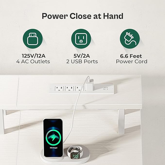 63 Inch Computer Desk with Power Outlets and LED Lights, Gaming Desk with 4 Drawers, Office Desk with Monitor Stand, Study Desk Work Desk for Home Office, White - LeafyLoom