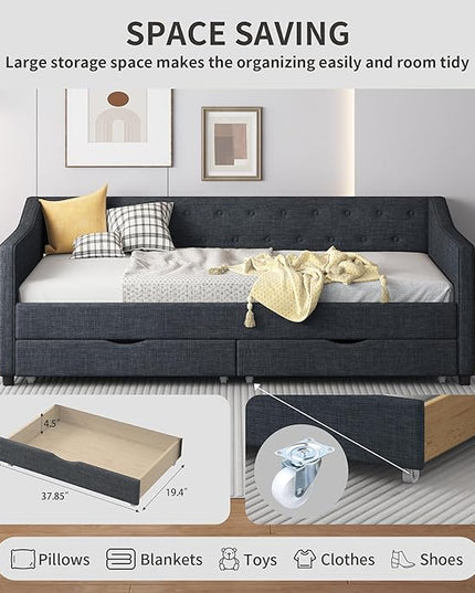 Twin Size Upholstered Daybed with 2 Drawers,Wood Sofa Bed Frame W/Button Tufted Backrest and Waved Shape Arms,Slats Support,Linen Fabric Day Bed,for Bedroom,Living Room,Apartment,Dark Gray - LeafyLoom