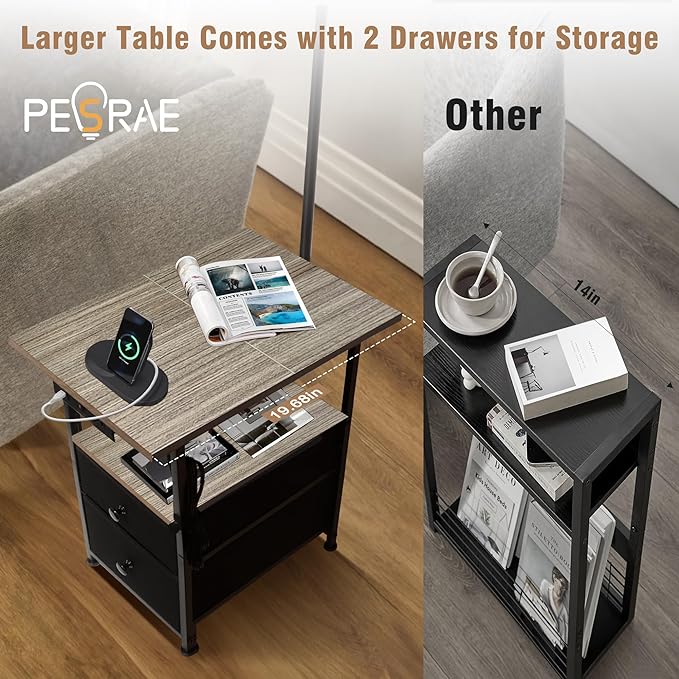 PESRAE Floor Lamp with Table & 2 Drawers, End Table with 3 Color Temperature Reading Light, Side Table Lamp with USB & Type C & AC Charging Port for Living Room, Home Office - LeafyLoom