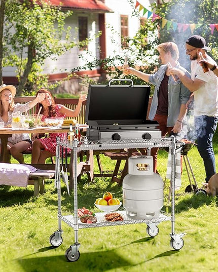 2 Tier Outdoor Grill Table, Heavy Duty 900LBS Grill Cart on Wheels, NSF Certified Grill Stand with Handle for Blackstone Griddle, Ninja Grill, Pizza Oven Table for Outside BBQ, Chrome - LeafyLoom