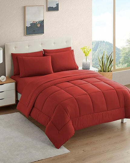 Dorm Room Essentials College Bedding Comforter Set 7 Piece Full Size Bed in a Bag for College Students Boys and Girls, Full, Red - LeafyLoom