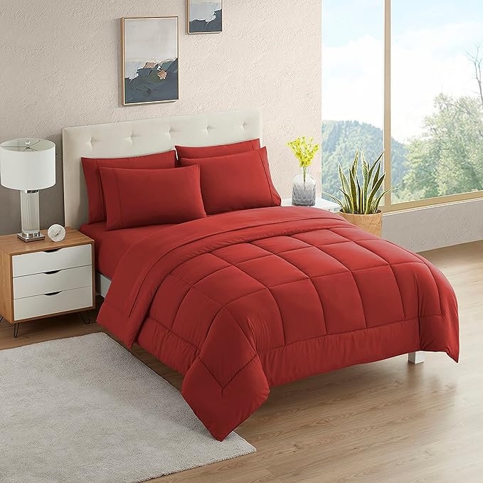 Dorm Room Essentials College Bedding Comforter Set 7 Piece Full Size Bed in a Bag for College Students Boys and Girls, Full, Red - LeafyLoom
