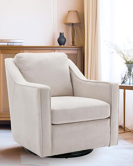 COLAMY 360° Swivel Accent Chair Set of 2, Upholstered Fabric Leisure Armchair with Lumbar Pillow for Living Room Bedroom Home Office, Beige - LeafyLoom