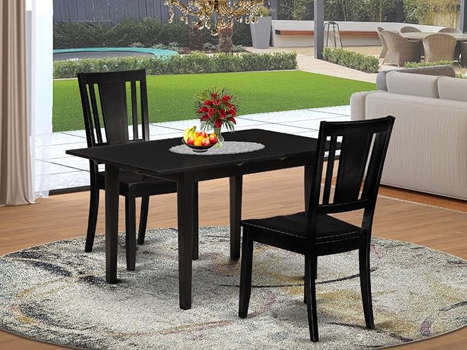 East West Furniture Norfolk 3 Piece Room Set Contains a Rectangle Kitchen Table with Butterfly Leaf and 2 Dining Chairs, 32x54 Inch, NODU3-BLK-W - LeafyLoom