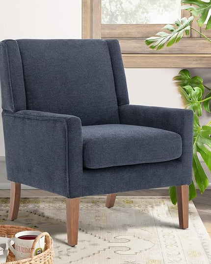 COLAMY Modern Wingback Living Room Chair, Upholstered Fabric Accent Armchair, Single Sofa chair with Lounge Seat and Wood Legs for Bedroom/Office/Reading Spaces, Blue - LeafyLoom
