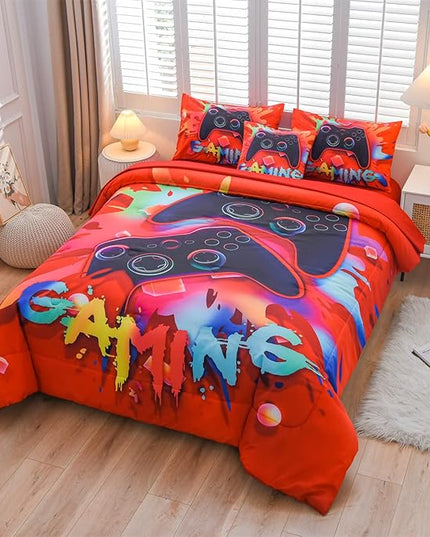 Aimuan Gaming Comforter Sets for Boys Kids Bedding Sets Video Games Console Action Buttons Novelty Colorful Game Gamepad Controller Modern Gamer Room Decor Home Quilt Set (Queen 6 Pcs,Red) - LeafyLoom