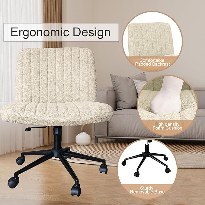 Criss Cross Chair with Wheels, Armless Cross Legged Office Desk Chair,Comfortable Swivel High Adjustable Wide Seat Chair for Home Office (Beige) - LeafyLoom