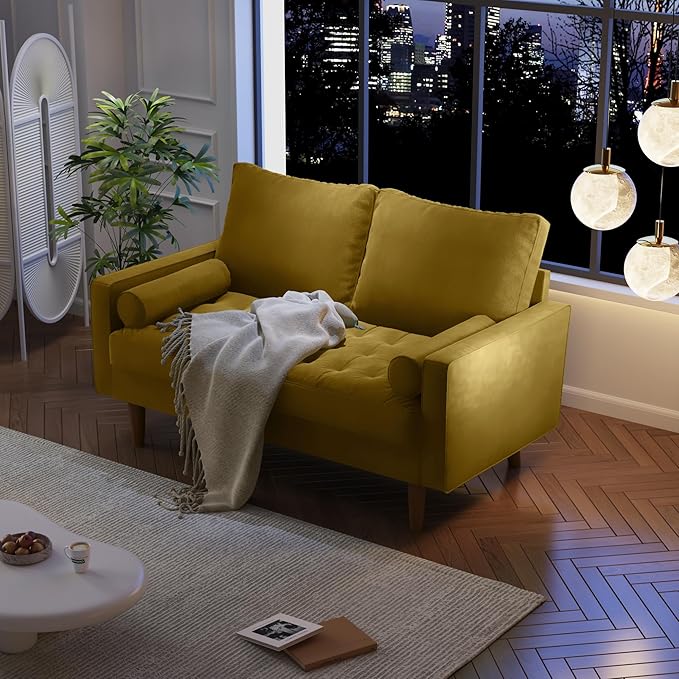 Velvet Furniture for Small Spaces, Mid-Century Modern Loveseats for Living Room, Love Seat Couch Sofas, 58 Inches, Goldenrod - LeafyLoom