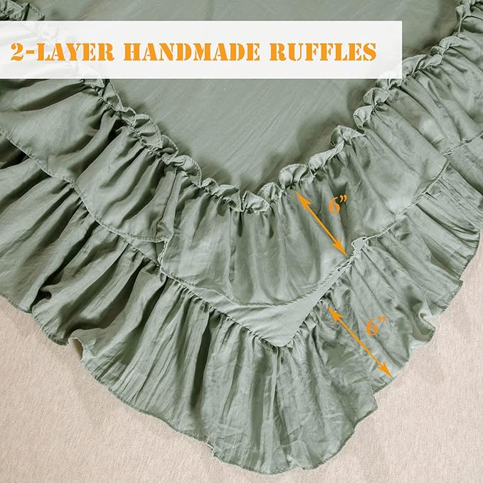 Sage Green Ruffle Comforter Set Queen,Vintage Farmhouse Shabby Ruffled Chic Bedding Comforter,Rustic Aesthetic Bedding 3 Pieces Women Girls Bedroom Vintage Bed Comforter - LeafyLoom
