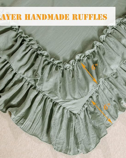 Sage Green Ruffled Comforter King Size,Farmhouse Shabby Ruffle Rustic Aesthetic Sage Green Bedding Extra Soft 3PCS (1 Ruffle Comforter and 2 Pillowcases) - LeafyLoom
