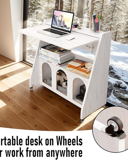 Pmnianhua Farmhouse Portable Desk on Wheels,Mobile Workstation,Rolling Computer Desk with Wheels and Storage for Home Office Small Space(white) - LeafyLoom