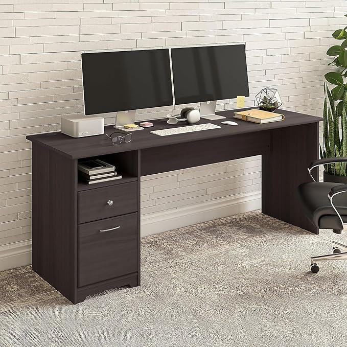 Bush Furniture Cabot Desks for Home Office with Storage and Chrome Hardware | Elegant Computer Table with Drawers, 72W, Heather Gray - LeafyLoom