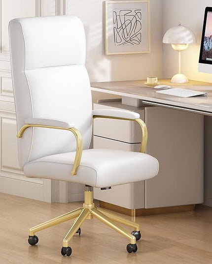 White and Gold Office Chair, High Back office Chair for Women, Modern Desk Chair Comfy with Arms, Leather Executive office Chair with Wheels - LeafyLoom