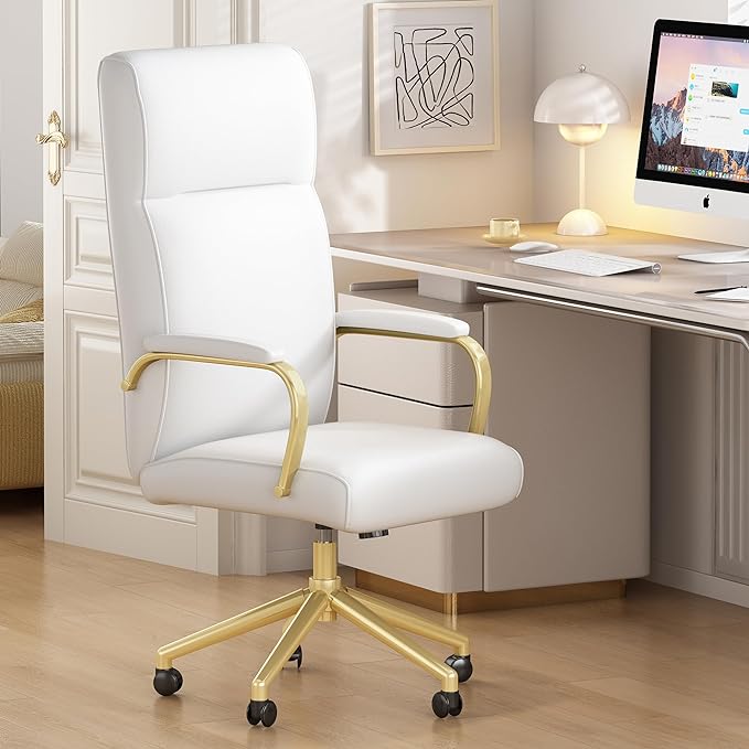 White and Gold Office Chair, High Back office Chair for Women, Modern Desk Chair Comfy with Arms, Leather Executive office Chair with Wheels - LeafyLoom
