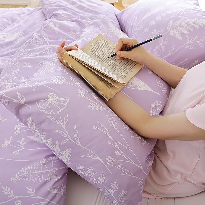 JANZAA King Size Comforter Set Floral Comforter Sets King Size Bedding Set Purple Comforter for All Season with 2 Pillow Shams Cute and Comfortable - LeafyLoom