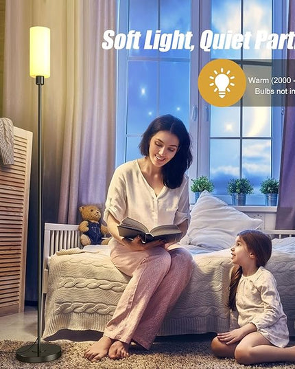 Floor Lamp for Living Room, Glass Lampshade Modern Standing Floor Lamp, 68 Inches Tall with E26 Socket for Office, Bedroom, Reading or Work - Black with White Lampshade, Bulb Not Included - LeafyLoom