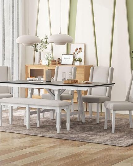 Classic Dining Table Set for 6 with 78" Extendable Rectangular Tabletop with Two 12" W Removable Leaves and 4 Upholstered Chairs & 1 Bench for Kitchen Living Room, White+Black - LeafyLoom
