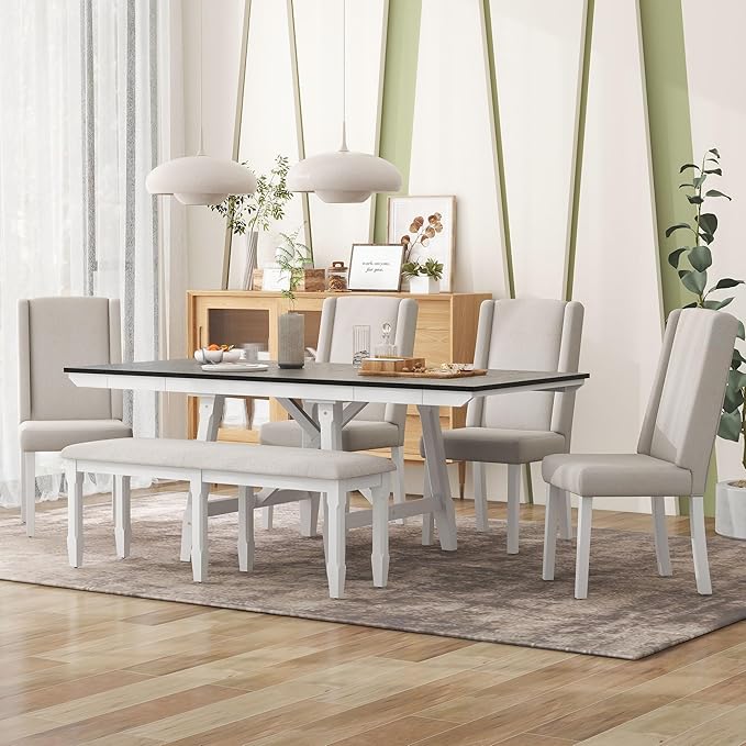 Classic Dining Table Set for 6 with 78" Extendable Rectangular Tabletop with Two 12" W Removable Leaves and 4 Upholstered Chairs & 1 Bench for Kitchen Living Room, White+Black - LeafyLoom