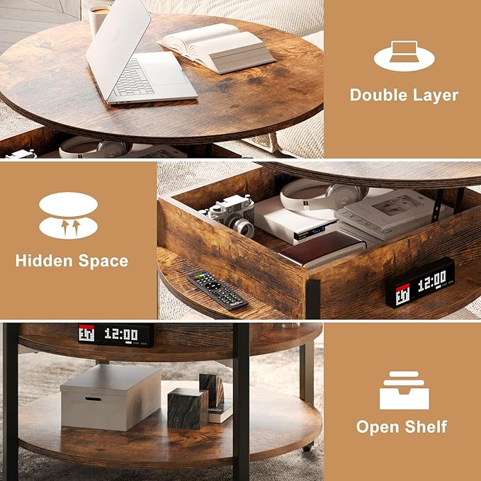 FABATO Round Lift Top Coffee Table with Storage and Hidden Compartment, 26.77'' Farmhouse Coffee Table for Living Room Reception Room, 2 Tier Small Round Coffee Table Circle Dining Table, Rustic Brown - LeafyLoom
