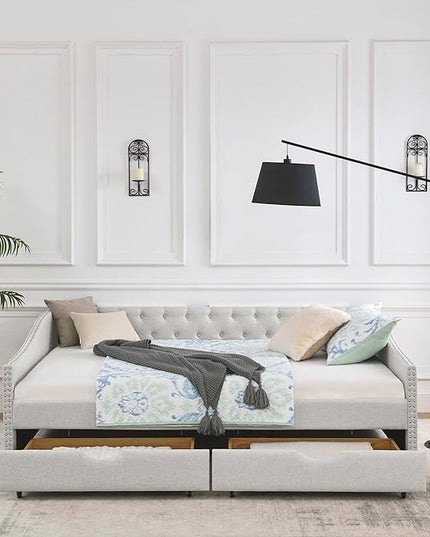Queen Size Daybed with 2 Storage Drawers,Linen Upholstered Sofa Bed W/Button on Back & Copper Nail on Waved Shape Armrests,No Spring Box Need,Wood Bedframe for Living Room Bedroom Dorm,Beige - LeafyLoom