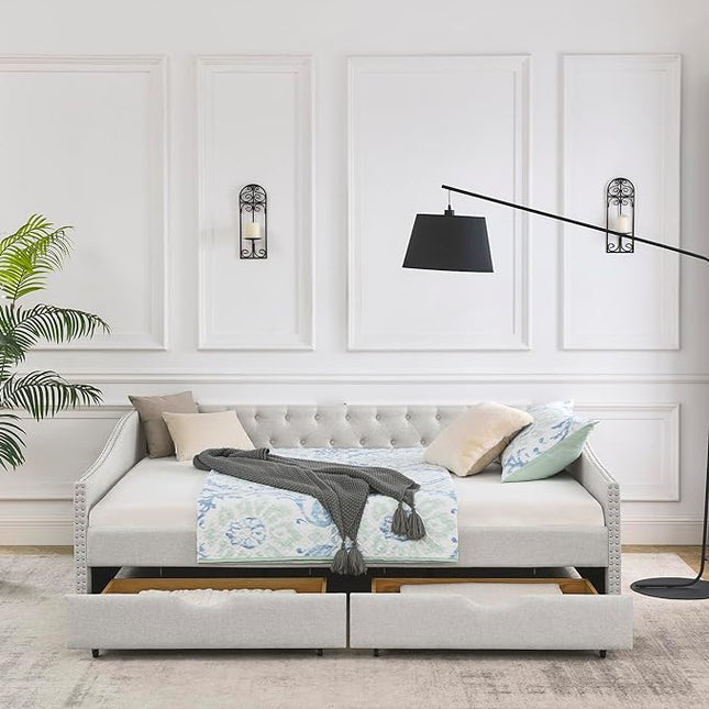 Queen Size Daybed with 2 Storage Drawers,Linen Upholstered Sofa Bed W/Button on Back & Copper Nail on Waved Shape Armrests,No Spring Box Need,Wood Bedframe for Living Room Bedroom Dorm,Beige - LeafyLoom
