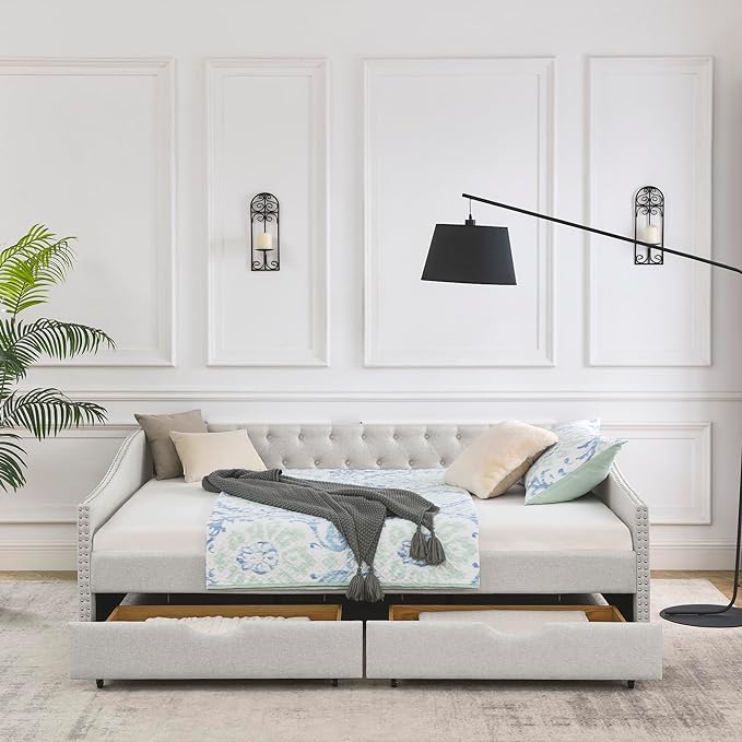 Queen Size Daybed with 2 Storage Drawers,Linen Upholstered Sofa Bed W/Button on Back & Copper Nail on Waved Shape Armrests,No Spring Box Need,Wood Bedframe for Living Room Bedroom Dorm,Beige - LeafyLoom