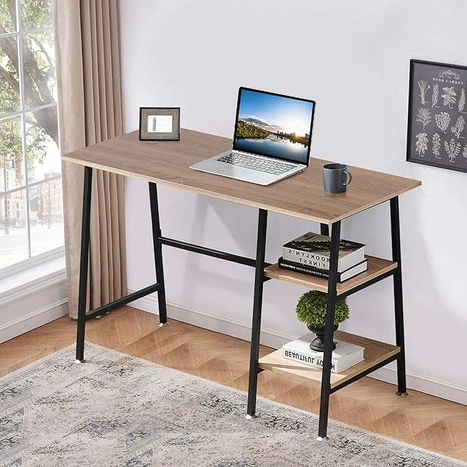 VECELO 43 Inch Computer Modern Student Writing home-office, Ladder Desk, Oak+black Leg - LeafyLoom
