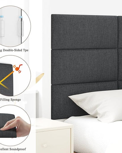 King Headboard, Wall Mounted Peel and Stick Headboard, Upholstered Tufted Bed Headboard for King Size Bed, Floating Dorm Bedroom Tall Headboard Soundproof Wall Panels (12 Panels, 10"x24") - LeafyLoom