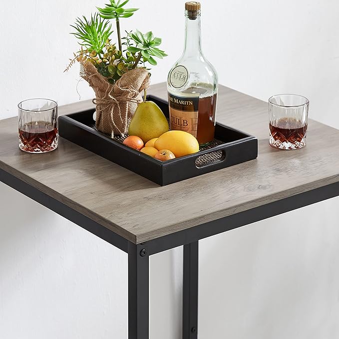 Dining Table Set for 2, Sqaure Bar Table and Chairs Set with PU Soft Seat and Backrest, Kitchen Table and Chairs for Small Spaces, Kitchen and Bar, Rustic Grey - LeafyLoom