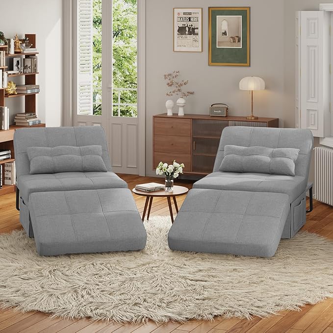 Aiho 4 in 1 Chair Bed, Sleeper Sofa Bed Convertible Chair, Assembly-Free Sofa Chair Bed with Adjustable Backrest Breathable Linen, for Living Room Apartment Office, Light Grey - LeafyLoom