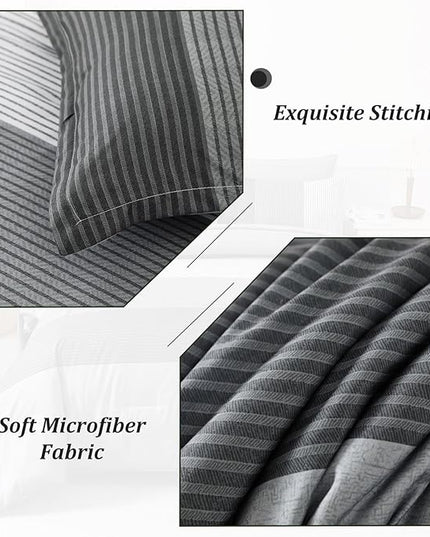 WONGS BEDDING Grey Comforter Set Queen, Reversible Grey Striped Patchwork Down Alternative Comforter for Queen Bed,3 Pieces (1 Comforter+2 Pillowcases), Boho Soft Microfiber Bedding Set 90"×90" - LeafyLoom