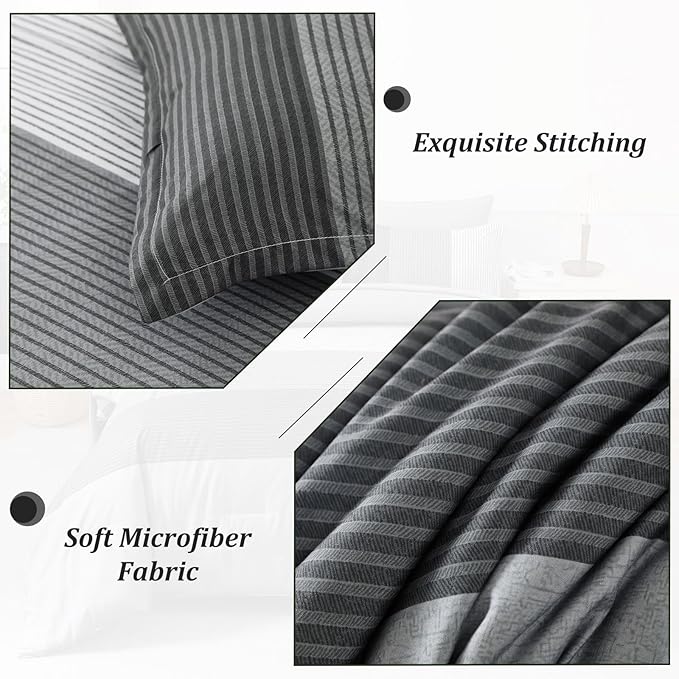 WONGS BEDDING Grey Comforter Set Queen, Reversible Grey Striped Patchwork Down Alternative Comforter for Queen Bed,3 Pieces (1 Comforter+2 Pillowcases), Boho Soft Microfiber Bedding Set 90"×90" - LeafyLoom
