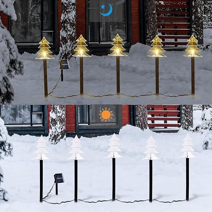ILLUMINEW Christmas Solar Pathway Lights, Set of 5 Waterproof Landscape Christmas Lights, Stake Christmas Decorations, LED Lights for Yard Lawn Patio Walkway Decor (5PCS-Warm White-Tree) ILLUMINEW