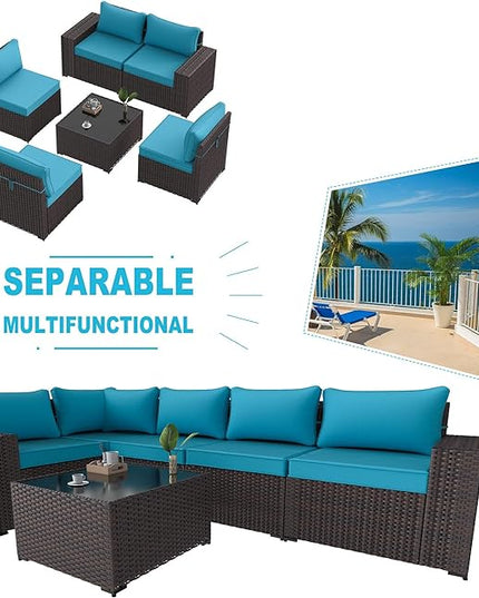 Kullavik 6PCS Outdoor Patio Furniture Set PE Wicker Rattan Sectional Sofa Patio Conversation Sets,Blue - LeafyLoom
